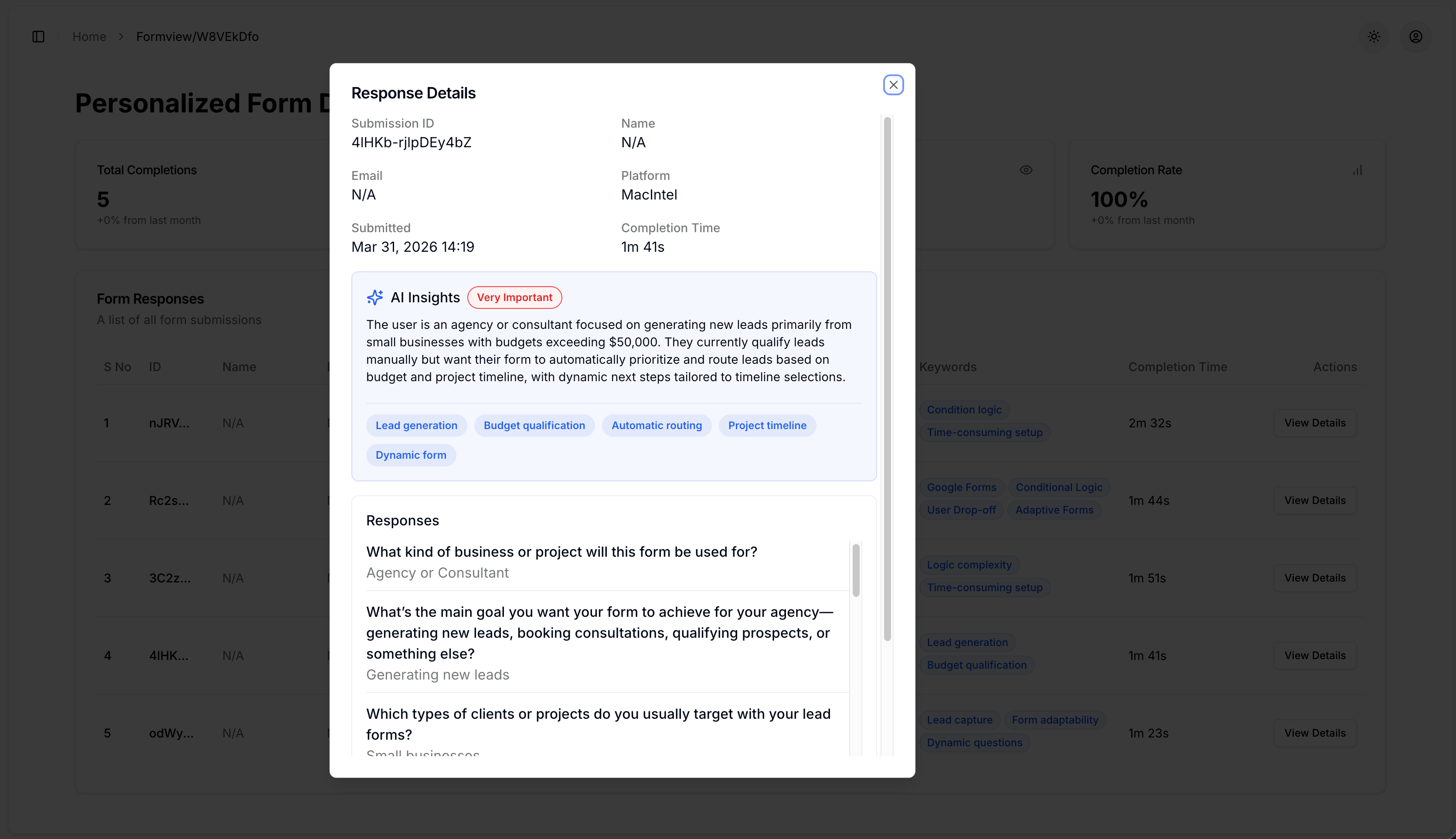 Rioform response details modal with AI insights